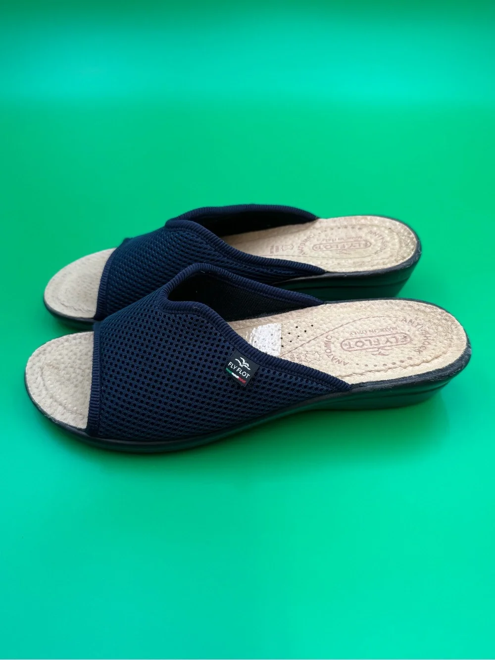Fly Flot Navy Solid Women’s Slide Sandals Comfort Logo Slip-On US 9